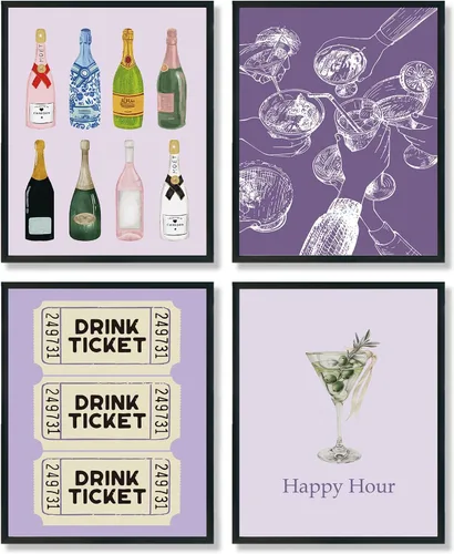Vista 10 de ULEGIE Decoración de pared de bar, decoración de carrito de bar, decoración de pared retro de cóctel de champán, juego de 4, póster de bar