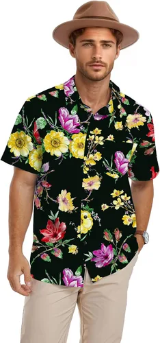Vista 2 de Pegeno Camisa de manga corta, con botones completos, estampado floral, hawaiano para hombre
