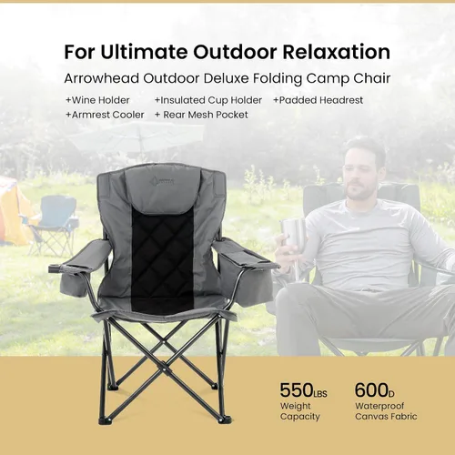 Vista 4 de ARROWHEAD OUTDOOR Paquete de 2 sillas plegables portátiles para acampar con enfriador de 6 latas, portavasos y soportes para copas de vino, bolsa