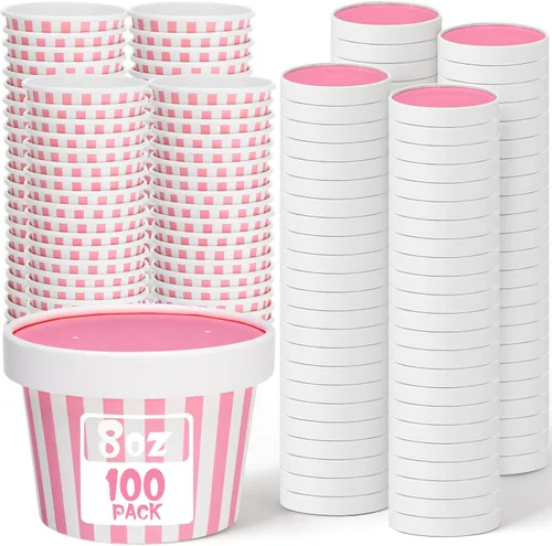 Vista 16 de Fulmoon Paquete de 100 recipientes de papel para sopa con tapas, recipientes de papel desechables para alimentos con tapa ventilada, tazas de postre