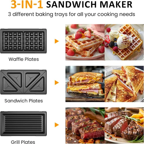 Vista 2 de Sunvivi Juego de gofres 3 en 1, parrilla y sándwichero, sandwichero, prensa panini, con placas antiadherentes extraíbles e luces indicadoras