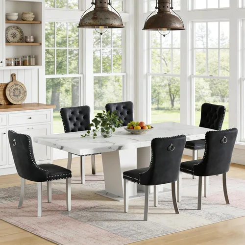 Vista 32 de Mesa de comedor extensible de 78.74 pulgadas para 6 8 y 10 pulgadas, moderna mesa de comedor extensible de granja con base de doble pedestal, mesa
