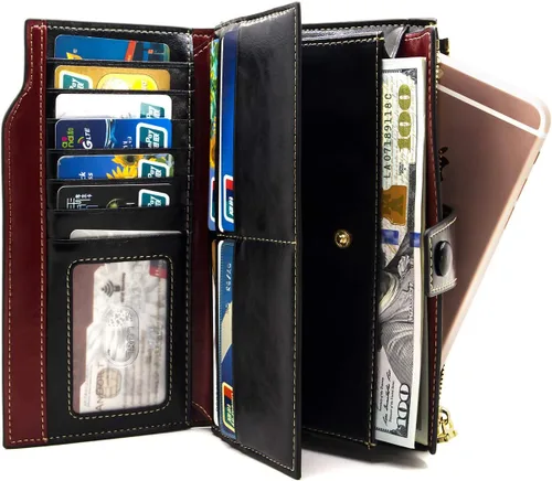 Vista 2 de ANDOILT Cartera de cuero genuino con bloqueo RFID para mujer, de gran capacidad, de lujo, con cera, tarjetero, organizador