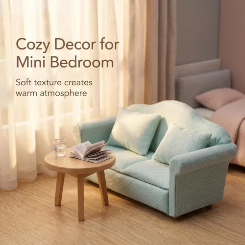 Vista 2 de Sofá de casa de muñecas, muebles en miniatura, sofá con almohadas para sala de estar, decoración de escritorio, sofá de tela, mini accesorios