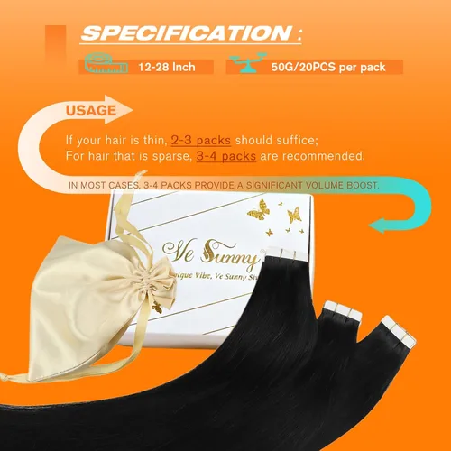 Vista 5 de Sunny Hair - Extensiones de cabello humano real para mujer, con cinta adhesiva invisible, Remy, color negro azabache, 12 pulgadas, 20 piezas