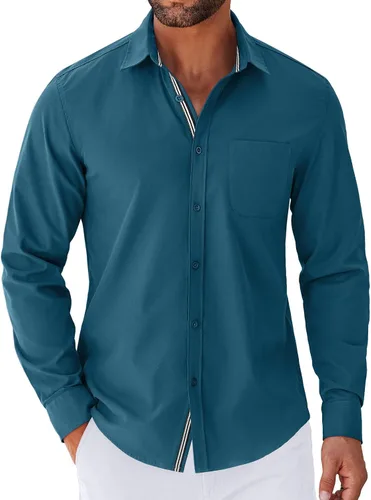 Vista 11 de COOFANDY Camisa para hombre de manga larga casual con botones, camisas sin doblar para hombre de ajuste regular