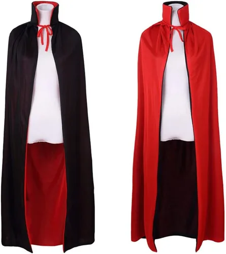 Vista 54 de Disfraz de capa reversible con cuello alto y capucha, color negro y rojo