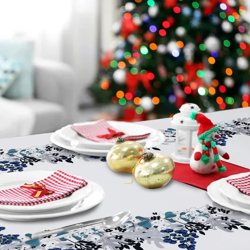 Vista 6 de Peryiter Mantel de Navidad Azul y Blanco de 60 x 84 Pulgadas Mantel de Navidad de Poinsettia Azul Decoraciones de Invierno Reutilizable Mantel