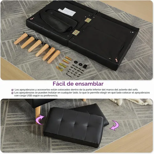 Vista 8 de TYBOATLE Sofá Cama Futón Plegable Convertible de Cuero Sintético de 65'' con 2 USB, Sofá de Dos Plazas para Espacios Pequeños, Apartamento