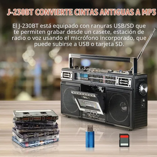 Vista 8 de Casete Bluetooth USB/SD CARD/AM/FM/SW1-2 Radio Boom Box W/Grabación y MIC