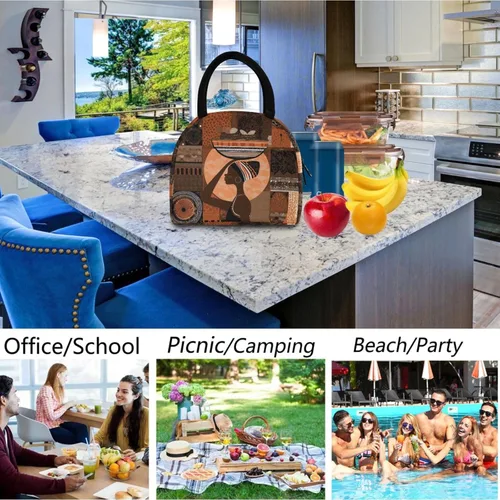 Vista 5 de Bolsa de almuerzo reutilizable para mujer africana con bolsillo frontal con cierre de cremallera aislada, bolsa térmica para el trabajo, picnic