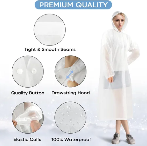 Vista 2 de PTEROMY EVA Rain Poncho, Reusable Rain Ponchos for Adults, Unisex Rain Coat with Hood and Elastic Cuff Sleeves