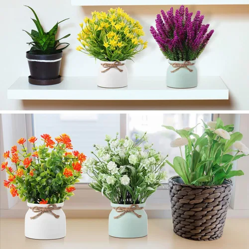 Vista 4 de Cindeer 4 piezas de flores artificiales grandes en maceta, flores artificiales de plástico para decoración del hogar, plantas artificiales