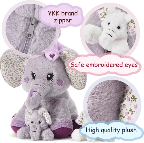 Vista 4 de Elefante mamá de peluche de animal de peluche mamá y bebé, lindo juego familiar pequeño de 13 pulgadas con mini bebés, regalos para niños