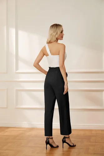 Vista 4 de GRACE KARIN Pantalones de trabajo recortados de pierna recta para mujer, cintura alta elástica, pierna ancha, pantalones casuales de negocios