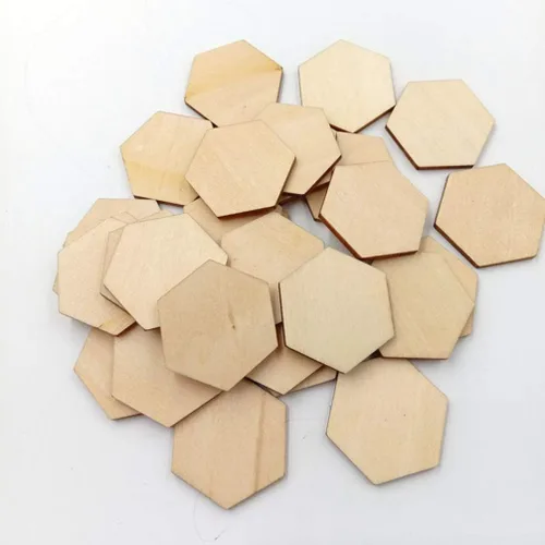 Vista 5 de 50 piezas de madera hexagonales de 1.969 in con forma de madera hexagonal sin terminar, formas recortadas para manualidades, adornos para proyectos