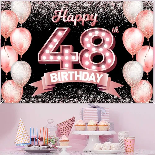 Vista 42 de Cartel de feliz cumpleaños décimo oro rosa, telón de fondo, saludos a 10 años, globos de confeti, decoración temática para niñas de 10 años