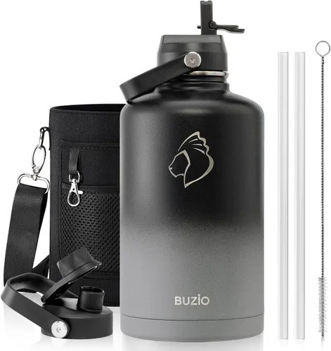 Vista 21 de BUZIO Botella de agua aislada de 24 oz, frasco de agua de boca ancha de acero inoxidable con tapa de pajita, frío durante 48 horas a prueba de Negro