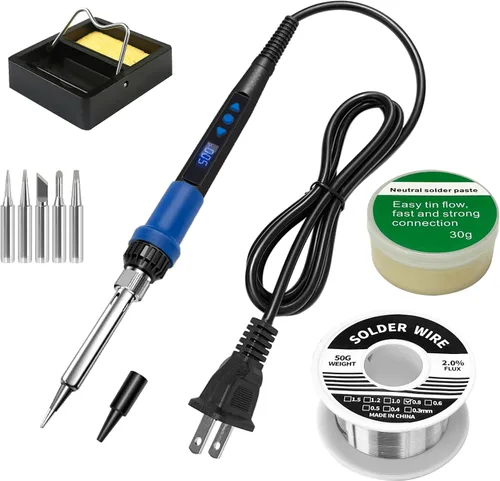 Vista 10 de 908B - Kit de soldador azul de 60 W, herramienta de soldadura de temperatura ajustable con 5 puntas intercambiables y soldadura, calentamiento