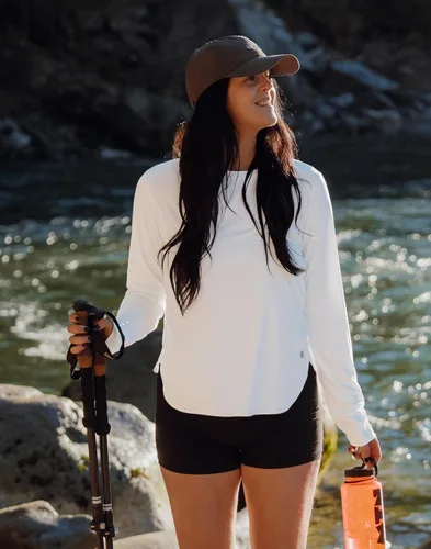 Vista 2 de Camisetas de sol para mujer, con protección ultravioleta FPU 50+, manga larga, ligera, de secado rápido, para entrenamiento, senderismo, para mujer