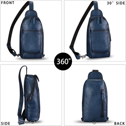 Vista 2 de FEIGITOR Bolso bandolera de cuero genuino hecho a mano retro bandolera mochila bolso pecho hombro senderismo riñonera
