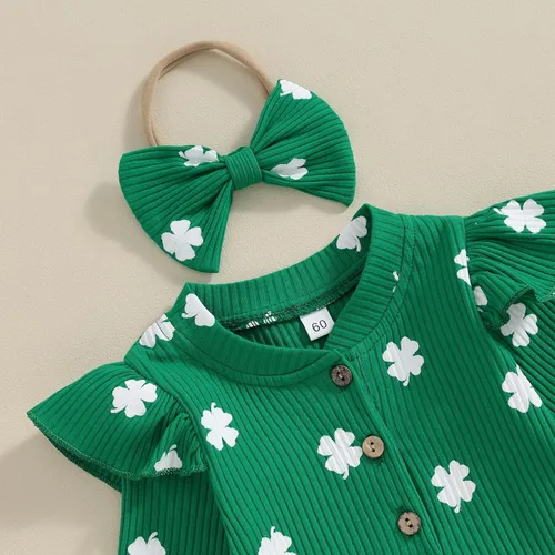 Vista 6 de Beautooly Trajes irlandeses para bebé niña, lindo mameluco de manga larga con lazo para la cabeza, día de San Patricio, ropa para recién nacida