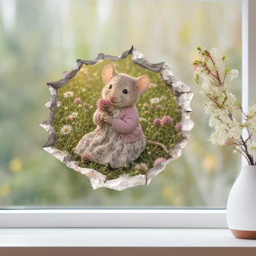 Vista 2 de Wallington Mice - Calcomanía de pared con efecto 3D con diseño de flores, diseño de agujero de ratón
