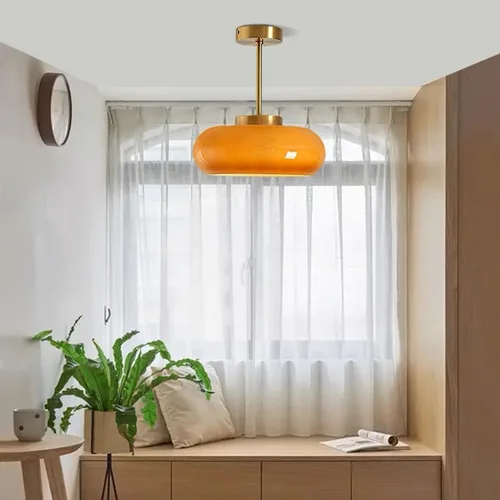 Vista 6 de Lámpara de techo semiempotrada de cristal, moderna cerca del techo, pantalla de cristal de cúpula naranja de 11 pulgadas, lámpara de techo dorada