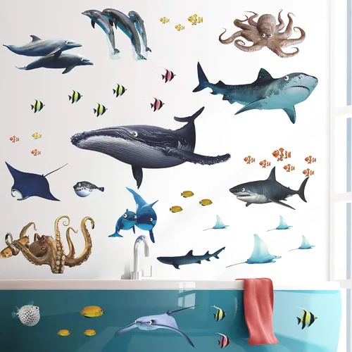 Vista 8 de 8 hojas de calcomanías de pared de animales bajo el mar, calcomanías de pared con temática de vida marina, calcomanías de pared de delfín Bonito