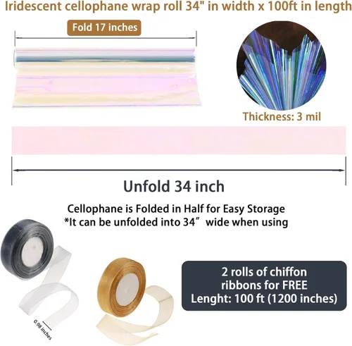 Vista 4 de GcFoir Papel de regalo transparente para arco iris de flores, rollo de celofán iridiscente de 34 pulgadas x 100 pies, rollo de celofán iridiscente