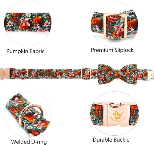 Vista 2 de Elegant little tail - Collar de otoño para mascotas con corbatín, lindo collar de Halloween con estampado de flores y calabaza para cachorros