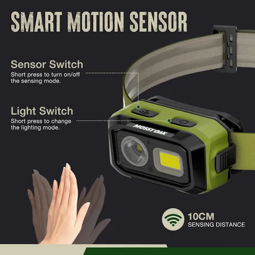 Vista 4 de Mossy Oak - Linterna frontal de 600 lúmenes, doble potencia con sensor de movimiento e imán Dual Power Source, Magnetic Base, Dimmable Design
