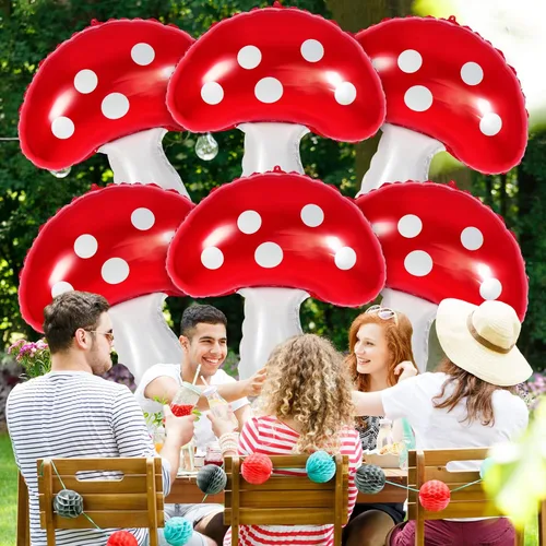 Vista 5 de 6 globos con forma de hongo, globos de Mylar de 31 pulgadas, bonitos globos de cumpleaños en forma de hongo para decoración de fiestas temáticas