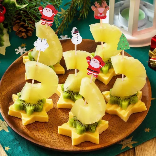 Vista 5 de JtmyAota - 100 unidades de palillos de dientes de Navidad para aperitivos, palillos de bambú natural de 4.7 pulgadas para cóctel, pastel, postre