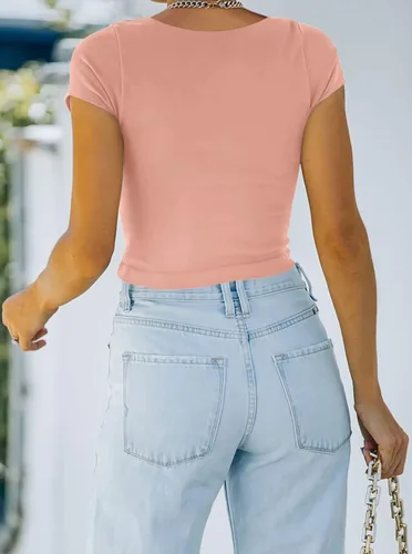 Vista 3 de REORIA Camisetas cortas de manga corta con cuello redondo y sexy para mujer Y2K