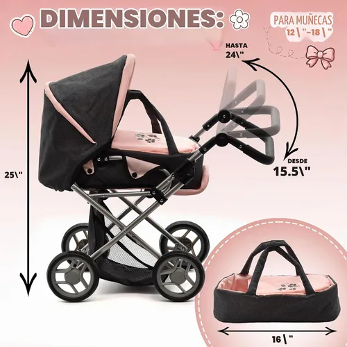 Vista 3 de Cochecito Convertible de Muñeca de Bebé con Portabebés de Viaje Extraíble para Niños, Mango Ajustable, Cochecito con Toldo y Cesta