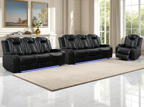 Vista 28 de Juego de sofás reclinables eléctricos, juegos de muebles de sala de estar, sofá reclinable eléctrico moderno negro, sofá biplaza y silla