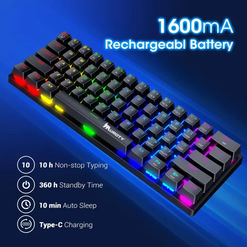 Vista 11 de Pauroty 60% Teclado mecánico inalámbrico, teclado de juego de triple modo 2.4G/USB-C/Bluetooth, retroiluminación RGB, interruptor azul clicky