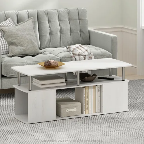 Vista 10 de Furinno Jaya - Mesa auxiliar rectangular moderna con estante abierto, mesa auxiliar con almacenamiento lateral, para sala de estar, dormitorio, Pino