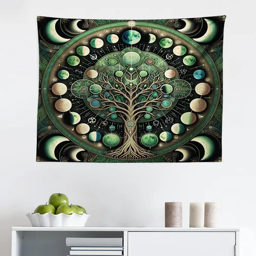 Vista 2 de Ambesonne Tapiz verde, fases lunares alrededor de un árbol de la vida, impresión de diseño bohemio de astrología nocturna, decoración de tela