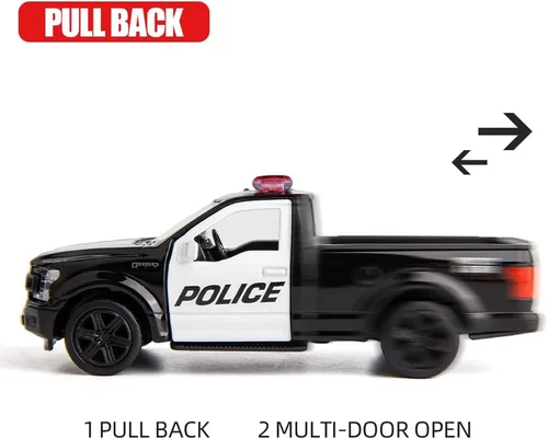 Vista 4 de BDTCTK Escala 1/36 compatible con Ford F150 Pickup Truck modelo de coche de policía, aleación de zinc fundido a presión, vehículos de tracción