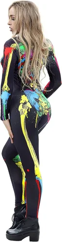 Vista 3 de Mono de esqueleto para mujer, estampado 3D, traje de fiesta de cosplay, elástico, ajustado de manga larga, disfraz de Halloween