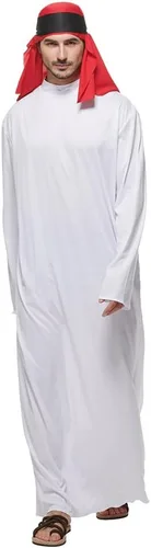 Vista 4 de FantastCostumes Disfraz árabe para hombre, bata blanca de sultán, disfraz de cosplay de Halloween