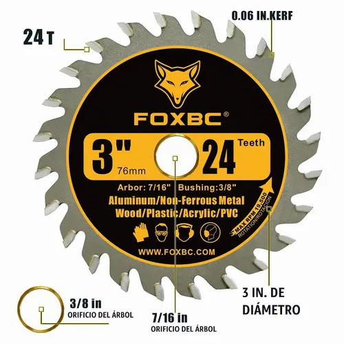 Vista 3 de FOXBC Hoja de sierra circular de carburo de 3 pulgadas, 24 dientes, 36 dientes para madera, plástico, PVC, acrílico, aluminio con eje de 7/16