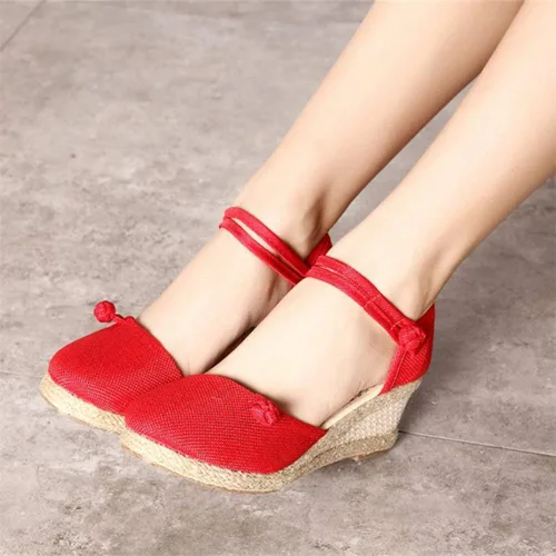 Vista 4 de Aniywn Sandalias de cuña retro con punta cerrada para mujer con correa de hebilla alpargatas para mujer