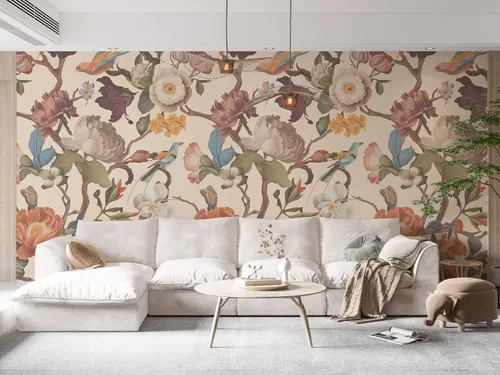 Vista 8 de Zeeko - Mural de papel pintado floral de despegar y pegar, papel pintado de flores beige para dormitorio, fondo de TV, murales de pared grandes