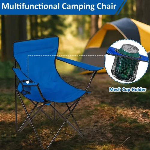 Vista 3 de Silla de camping plegable con soporte para tazas, capacidad de 225 libras, silla plegable portátil con grandes pies anti-hundimiento, tela