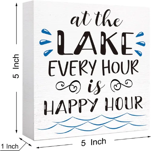 Vista 2 de Letrero de madera con texto en inglés "Lake Every Hour is Happy Hour", decoración de escritorio para el hogar, dormitorio, oficina, escritorio