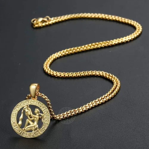 Vista 2 de Collar con colgante de signo del zodiaco chapado en oro para mujeres y hombres, Leo Aries, colgante de horóscopo de constelación de acero