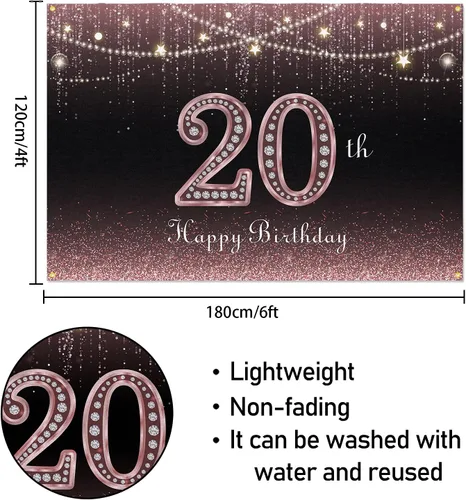 Vista 2 de HAMIGAR Fondo de pancarta de feliz cumpleaños 20 de 6 x 4 pies, decoraciones de cumpleaños de 20 años, suministros de fiesta para mujeres, oro rosa